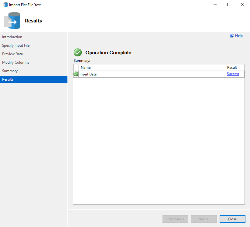 Data Studio Azure - Import Flat File Result Page
